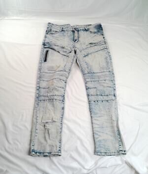 GSTR Men's Moto Jeans Acid Wash Distressed Biker Denim Pants Size 36